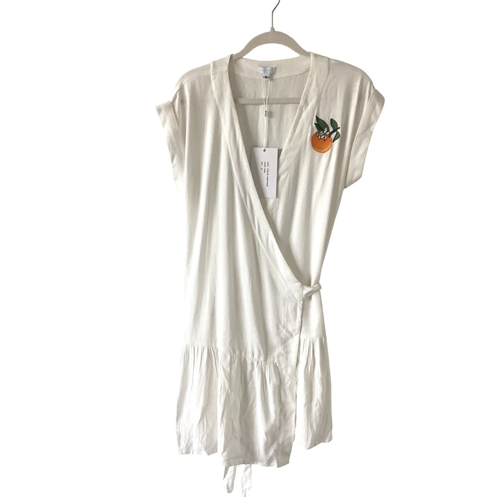 Flagpole NYC Emmy Wrap Dress Pearl White Embroidered Orange Ruffle Hem M